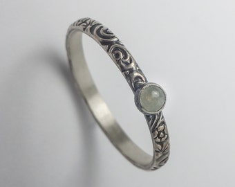 Aquamarine Ring, Sterling Silver Floral Pattern Band with 3mm Madagascar Aquamarine, Aquamarine Birthday Ring, March Birthstone Ring