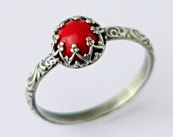 Sardinia Red Coral Ring, Sterling Silver Pattern Band with Man Made Sardinia Red Coral, Antique Style Ring, Vintage Style Ring, Silver Ring