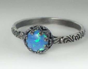 Blue Opal Ring, Sterling Silver Pattern Band with Man Made Blue Opal, Custom created in your size, Vintage Style Ring, Opal Ring, Blue Stone