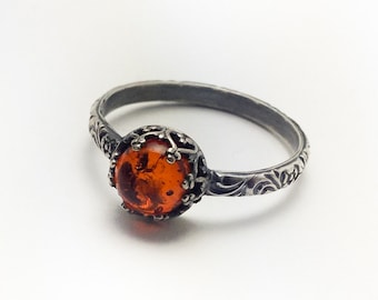 Natural Amber Ring, Sterling Silver Amber Ring, Custom created in your size, Antique Style Ring, Amber Ring Silver, Amber Jewelry
