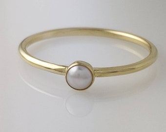 Gold Pearl Ring, June Birthstone Ring, White Pearl Solid Gold Ring - 1.2mm Wire, 14K Yellow Gold, Delicate Pearl Ring - 3mm Pearl, June Ring