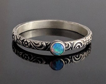 Dainty Blue Opal Ring, Sterling Silver Floral Pattern Band with 3mm Blue Opal, Opal Ring, Opal Ring Silver, Opal Jewelry, October Birthstone