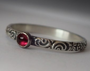 Garnet Ring, Sterling Silver Floral Pattern Band with 3mm Garnet, Garnet Ring Silver, January Birthstone Jewelry, January Birthstone Ring