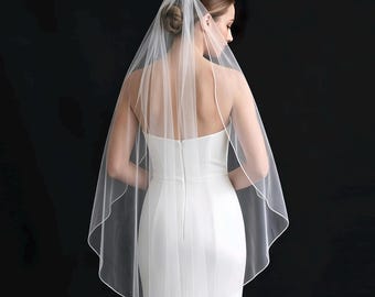 1 Tier Pencil Edge Wedding Veil, Angel Cut, Fingertip to Cathedral, Lightweight