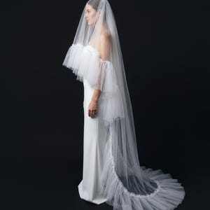 Ruffle Edge Wedding Veil with Blusher, 2 tier, Fingertip Veil, Cathedral Veil, White Ivory Bridal Veil