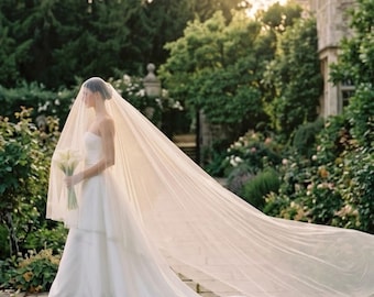 Simple Cathedral Wedding Veil with Blusher, Sheer Drop Veil, Lightweight Minimalist