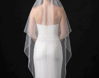 2 Tier Pencil Edge Wedding Veil With Blusher, Fingertip or Cathedral Length,  Rolled edge, Italian Tulle