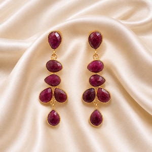 Elegant Dyed Ruby Cascading Drop Brass Gold Plated Earrings | Statement Party Wear Women Jewelry