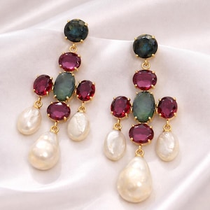 Vintage Baroque Pearl, Ruby Hydro & Labradorite Drop Earrings | Brass Gold Plated Women Statement Earrings
