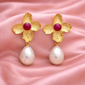 Imperial Dyed Ruby & Pearl Brass Gold Plated Floral Drop Earring | Statement Earrings For Women