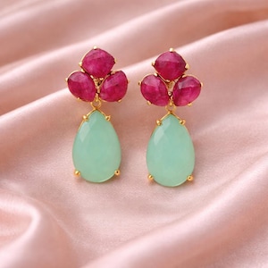 Luxury Dyed Ruby Agate & Aqua Chalcedony Party Wear Earrings For Women