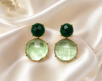 Opulent Green Amethyst Hydro With Green Onyx Dangle Earrings | Gold Plated Brass Women Jewelry