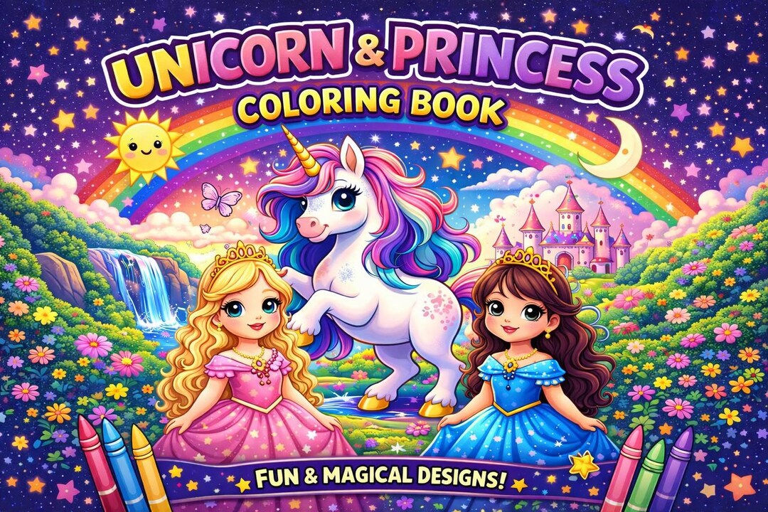 Unicorn and Princess Coloring Book Printable for Kids – 28 Fun Pages ...