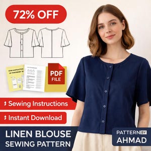 May include: A digital sewing pattern for a navy blue linen blouse with short flared sleeves and a front button placket. The image includes a technical line drawing of the front and back of the blouse, a PDF file icon, and text reading LINEN BLOUSE SEWING PATTERN.