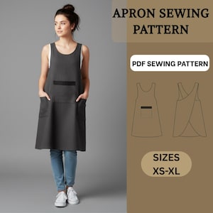 May include: A dark gray apron with a large front pocket and two side pockets. The apron is sleeveless and reaches to the knees. The image also includes a PDF sewing pattern and sizing information for XS-XL.