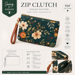 Wristlet Pouch Sewing Pattern PDF | Cute Zipper Clutch Bag Tutorial | Beginner Friendly DIY Bag | A4 A0 US Letter |