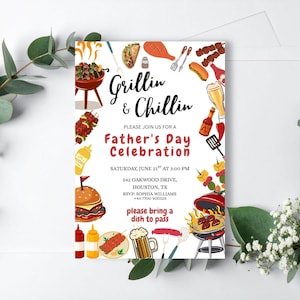 May include: A white Father's Day invitation card featuring the text Grillin & Chillin, Please join us for a Father's Day Celebration, Saturday, June 21st at 3:00 PM, 542 Oakwood Drive, Houston, TX, RSVP: Sophia Williams +44 7700 900123, please bring a dish to pass, surrounded by colorful illustrations of barbecue grills, skewers, burgers, hot dogs, beer, and condiments.