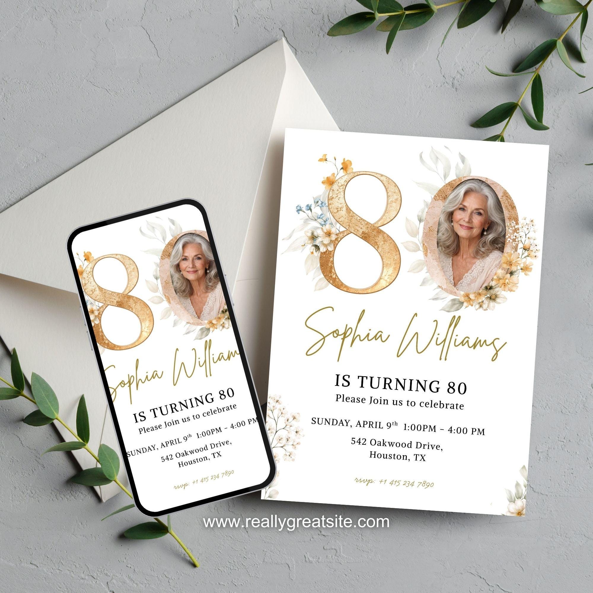 80th Birthday Invitation Photo Floral Gold, Elegant Eighty Birthday ...