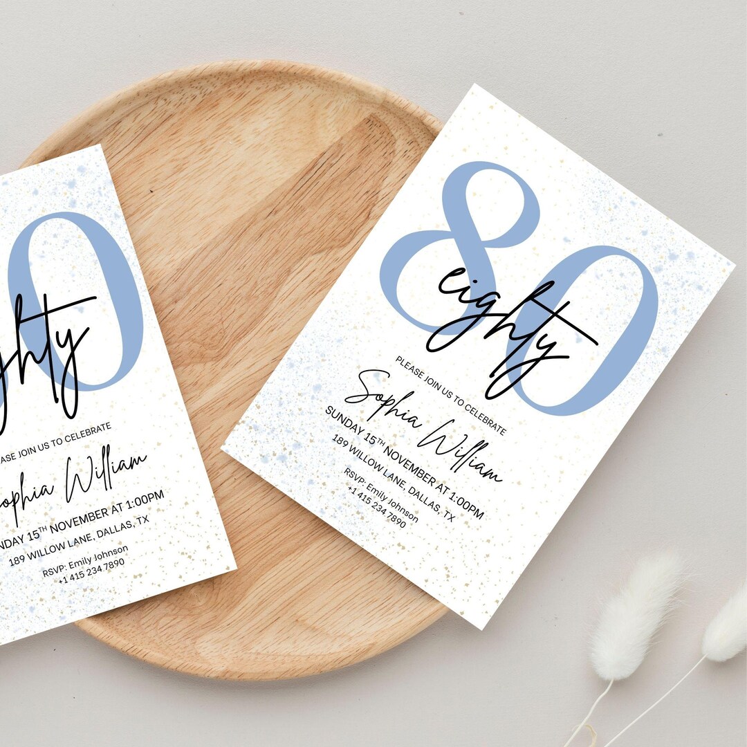 80th Birthday Invitation Blue Minimal, Elegant Eighty Birthday Invite ...