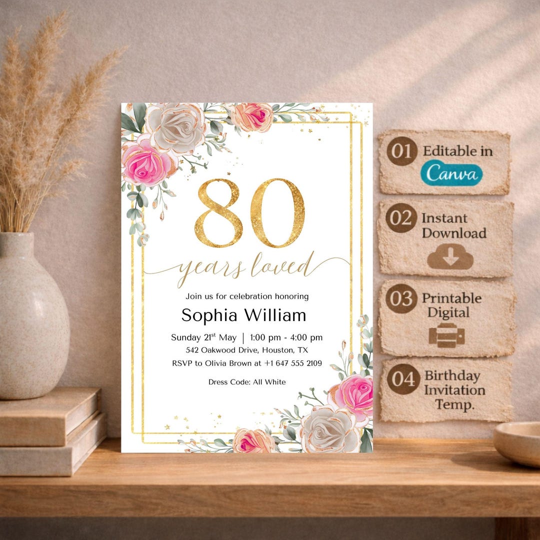80th Birthday Invitation Floral Gold Frame, Elegant Eighty Birthday ...
