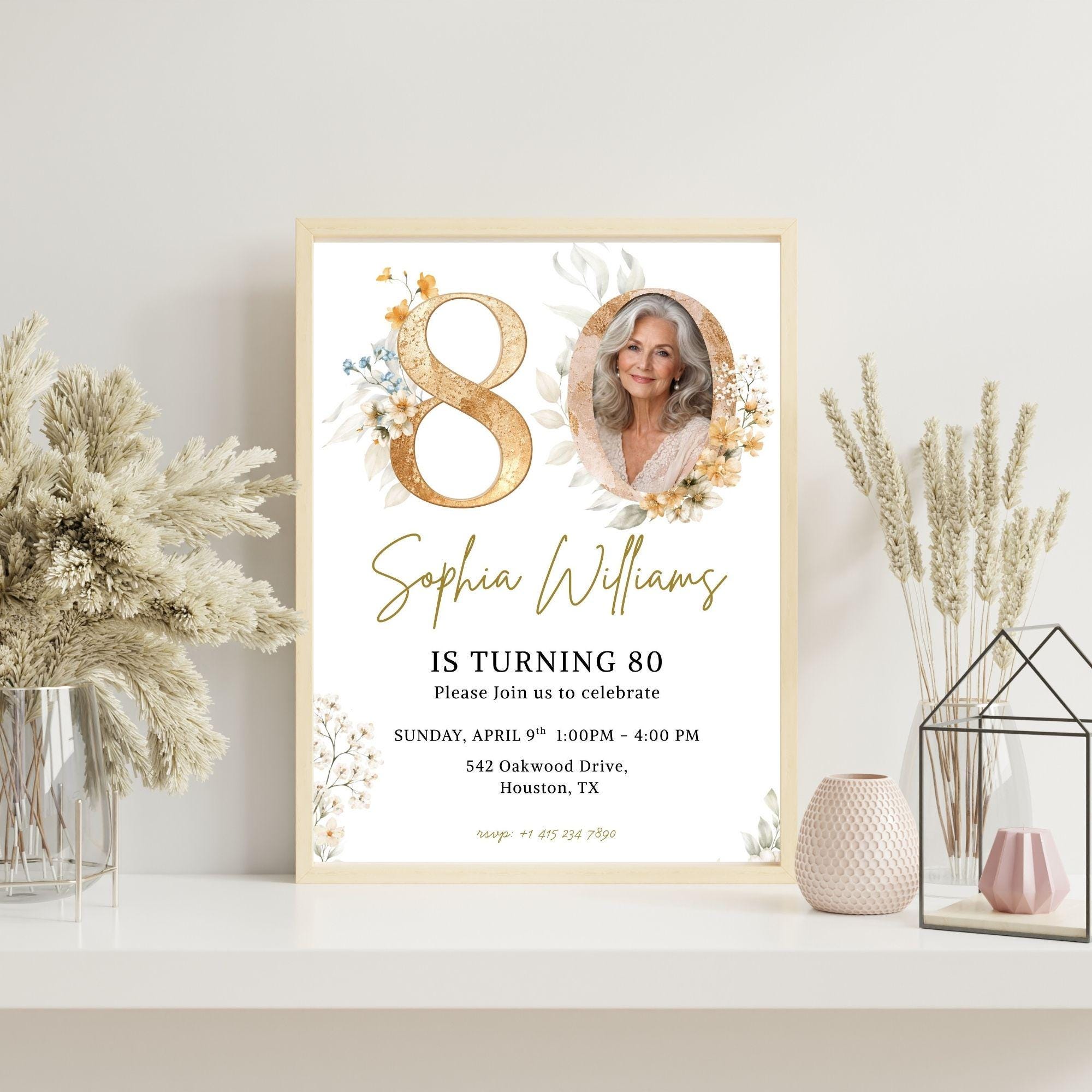 80th Birthday Invitation Photo Floral Gold, Elegant Eighty Birthday ...