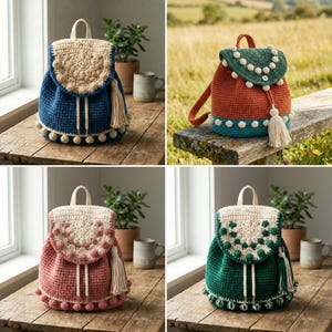May include: Four crochet backpacks in different colors: blue, orange, pink, and green. Each backpack features a flap with decorative stitching, a tassel, and pom-pom trim. The bags have a drawstring closure and a top handle.