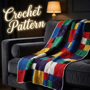 Può includere: Una colorata coperta all'uncinetto con un design patchwork, drappeggiata su un divano grigio scuro. La coperta presenta quadrati rossi, blu, verdi, gialli e viola. Il testo "Crochet Pattern" è visualizzato in un carattere luminoso.
