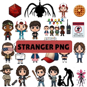 Puede incluir: Una colección de ilustraciones y gráficos de dibujos animados con personajes y elementos de la serie Stranger Things. Incluye un dado rojo, un Demogorgon y el texto "STRANGER PNG".