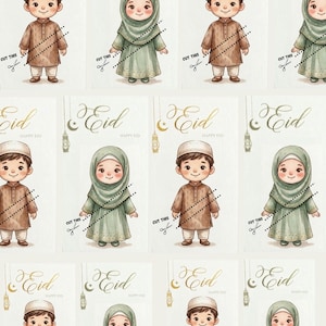 Könnte beinhalten: Ein Bogen mit Eid-Grußkarten mit Illustrationen von Kindern in traditioneller Kleidung. Die Karten zeigen das Wort "Eid" in goldener Schrift, darunter "Happy Eid". Jede Karte hat eine gepunktete Linie und eine Scheren-Grafik.