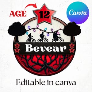 May include: A circular graphic with a red star displaying the number 12, and the word "AGE" above it. The design features silhouettes of people on bikes, string lights, and the word "Bevear". The text "Editable in canva" is at the bottom.