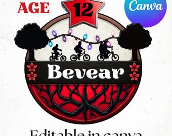 Adorno para pastel de cumpleaños con temática de Stranger Things, plantilla editable de Canva, adorno para pastel, adorno para pastel de fiesta de Stranger Things, descarga digital