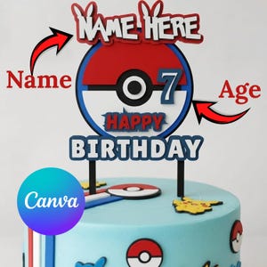 Pokemon 3D Ball Layered Cake Topper Digital File,Customizable Printable Pika-Chu Theme Party Decoration,Custom Name & Age