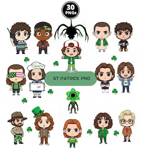 May include: A collection of 14 cartoon character PNGs, including characters from a popular TV show, with a St. Patrick's Day theme. The characters are depicted with green accents, shamrocks, and St. Patrick's Day hats. The image also includes a black spider-like creature.
