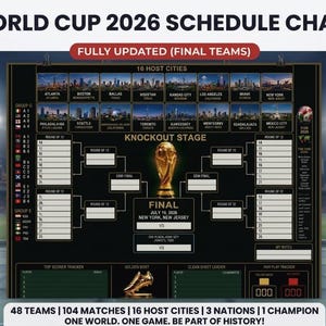 Könnte beinhalten: Ein schwarzer Spielplan für die Weltmeisterschaft 2026 mit einer goldenen Trophäengrafik, einem K.o.-Phasen-Raster und einer Liste von 16 Gastgeberstädten mit Skyline-Bildern. Das Diagramm enthält Bereiche für Torschützen, Goldenen Schuh und Fairplay.
