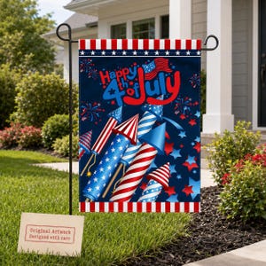 Happy 4th of July Garden Flag, Fireworks Rocket Yard Decor, Red White Blue Porch Flag