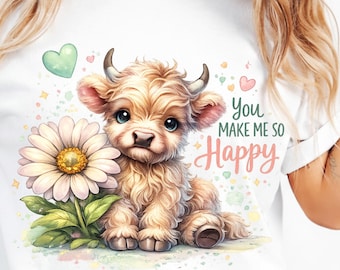 Imagen PNG de una cría de vaca de las Tierras Altas, diseño de sublimación estilo western con girasoles (descarga digital).