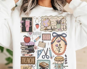 Collage PNG de la vida del profesor, estilo vintage cottagecore, imágenes prediseñadas escolares, PNG de enseñanza, sudadera de profesor, PNG de moda, álbum de recortes de bibliotecario, diseño de ratón de biblioteca