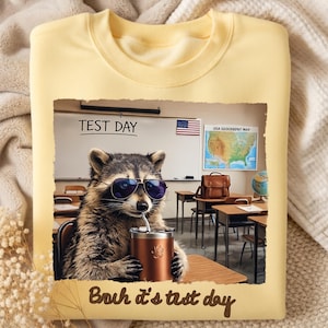 May include: A light yellow sweatshirt featuring a raccoon wearing sunglasses and holding a tumbler with a straw. The raccoon is in a classroom setting with the text "Test Day" on the whiteboard and "Bruh it's test day" at the bottom.