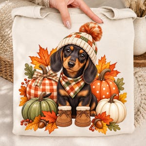 May include: A cream-colored sweatshirt featuring a graphic of a black and tan dachshund puppy wearing a knit hat with a pom-pom, a plaid bandana, and brown boots. The puppy is surrounded by orange, green, and white pumpkins and autumn leaves.