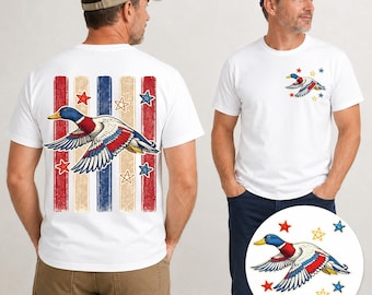 Imagen PNG de pato ánade real patriótico / Camiseta moderna para hombre con diseño frontal y posterior, diseño vintage de caza de patos mediante sublimación, diseño de camiseta a rayas para exteriores (descarga digital)