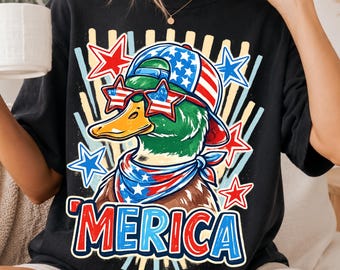 Merica Duck PNG / Imagen prediseñada de pato ánade real patriótico para sublimación del 4 de julio / Descarga digital de pato retro americano