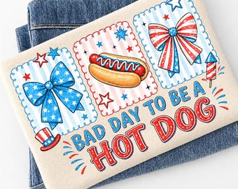 Mal día para ser un perrito caliente PNG / Sublimación de lazo coqueto del 4 de julio / Diseño de camiseta patriótica divertida / Descarga digital de la bandera estadounidense estilo preppy