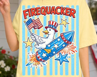 Diseño PNG de Firequacker para sublimación / Descarga digital de un ganso patriótico divertido para el 4 de julio / Diseño de camiseta con la bandera estadounidense