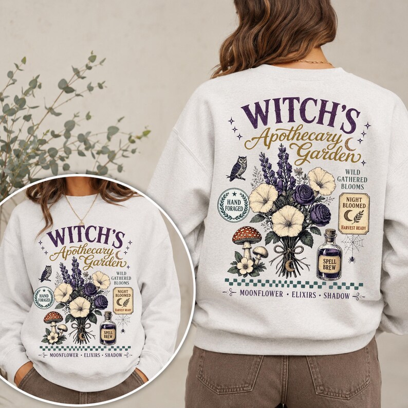 Retro Halloween sublimation design mockup featuring Witch's Apothecary Garden artwork on a stylish unisex sweatshirt with floral bouquet, botanical clipart, vintage typography, and cozy fall aesthetic.