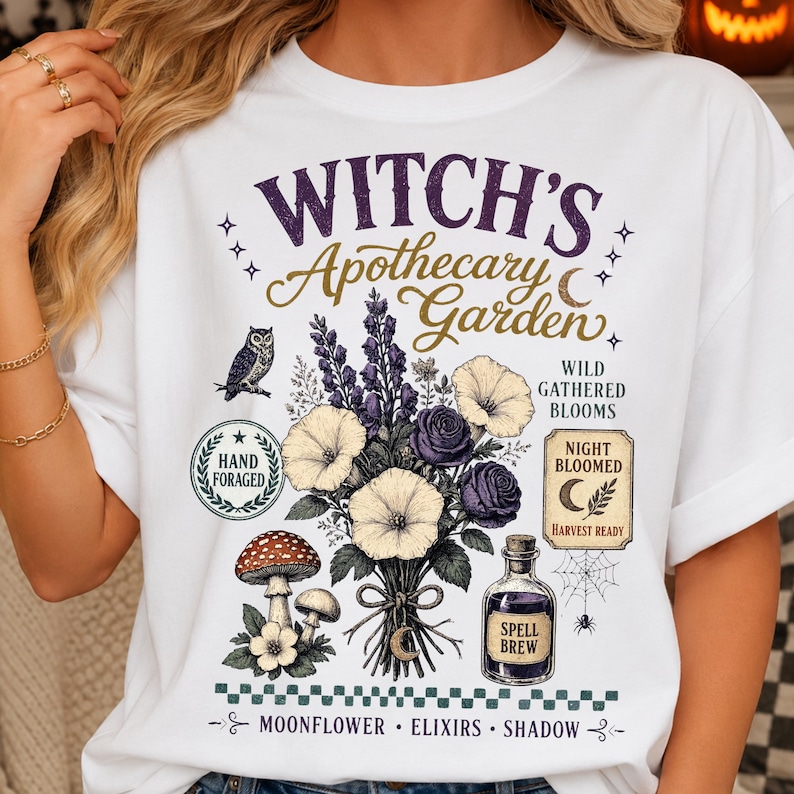 Green witch botanical PNG digital download shown on a premium apparel mockup featuring enchanted garden flowers, vintage apothecary illustration, cottagecore artwork, and fall Halloween fashion.