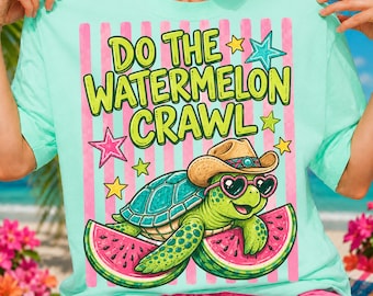 Haz el gateo de sandía PNG / Sublimación de verano de tortuga vaquera / Diseño de camisa de vacaciones a rayas estilo preppy / Descarga digital de fruta de sandía