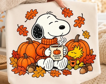 Snoopy Fall PNG | Cozy Pumpkin Coffee Embroidery Sublimation Design for T-Shirts & Sweatshirts | Autumn Thanksgiving Digital Download
