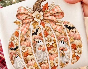 Fall Pumpkin PNG, Coquette Ghost PNG & Pumpkin Season Design, Boho Floral Autumn Sublimation, Cute Fall Shirt Digital Download
