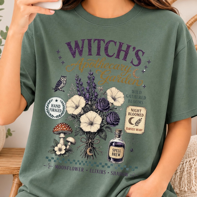 Printable Retro Witch Herb Garden PNG mockup featuring cottagecore botanical art, enchanted floral bouquet, mushrooms, apothecary elements, vintage Halloween aesthetic, transparent background digital design for T-shirts and sweatshirts.