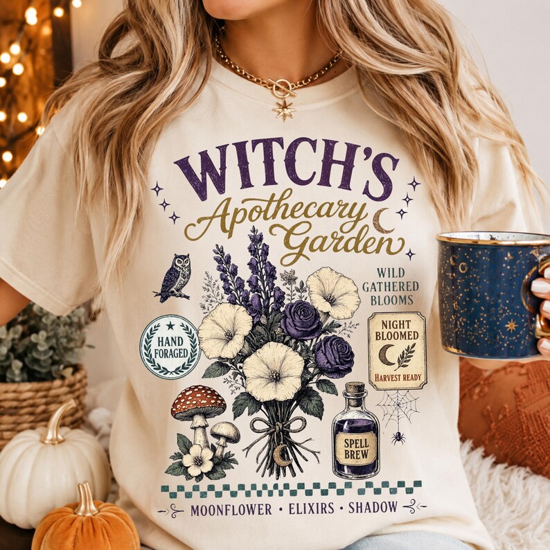 Vintage Witch Apothecary Garden digital download mockup on a natural heavyweight cotton shirt featuring botanical floral bouquet, enchanted garden illustration, retro Halloween design, and witchy aesthetic.
